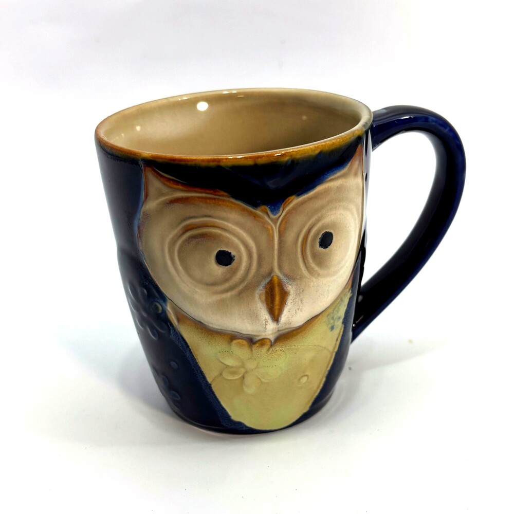 Owl Ceramic Coffee Mug Dark Navy Blue Embossed Owl Design